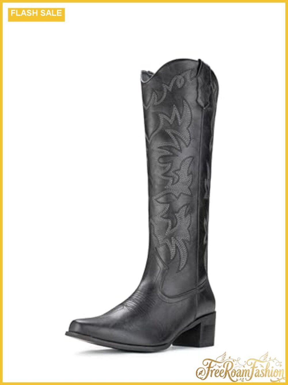 Women's Faux Leather Knee High Western Cowboy Boots Chunky Heel Embroidered
